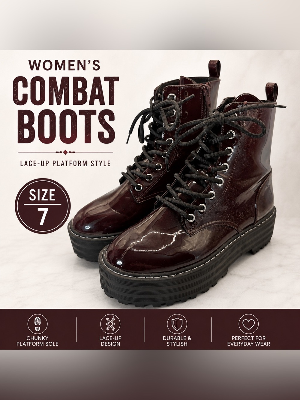 H&M Divided Burgundy Patent Platform Combat Boots Women’s Size 7 EU 38